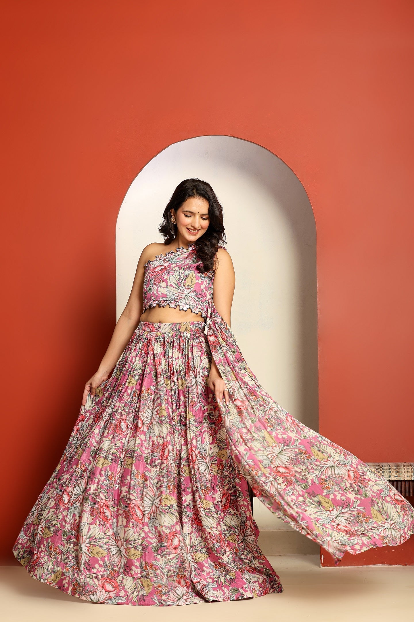 Ragavi Pink Floral One-Shoulder Lehenga Set with Attached Dupatta