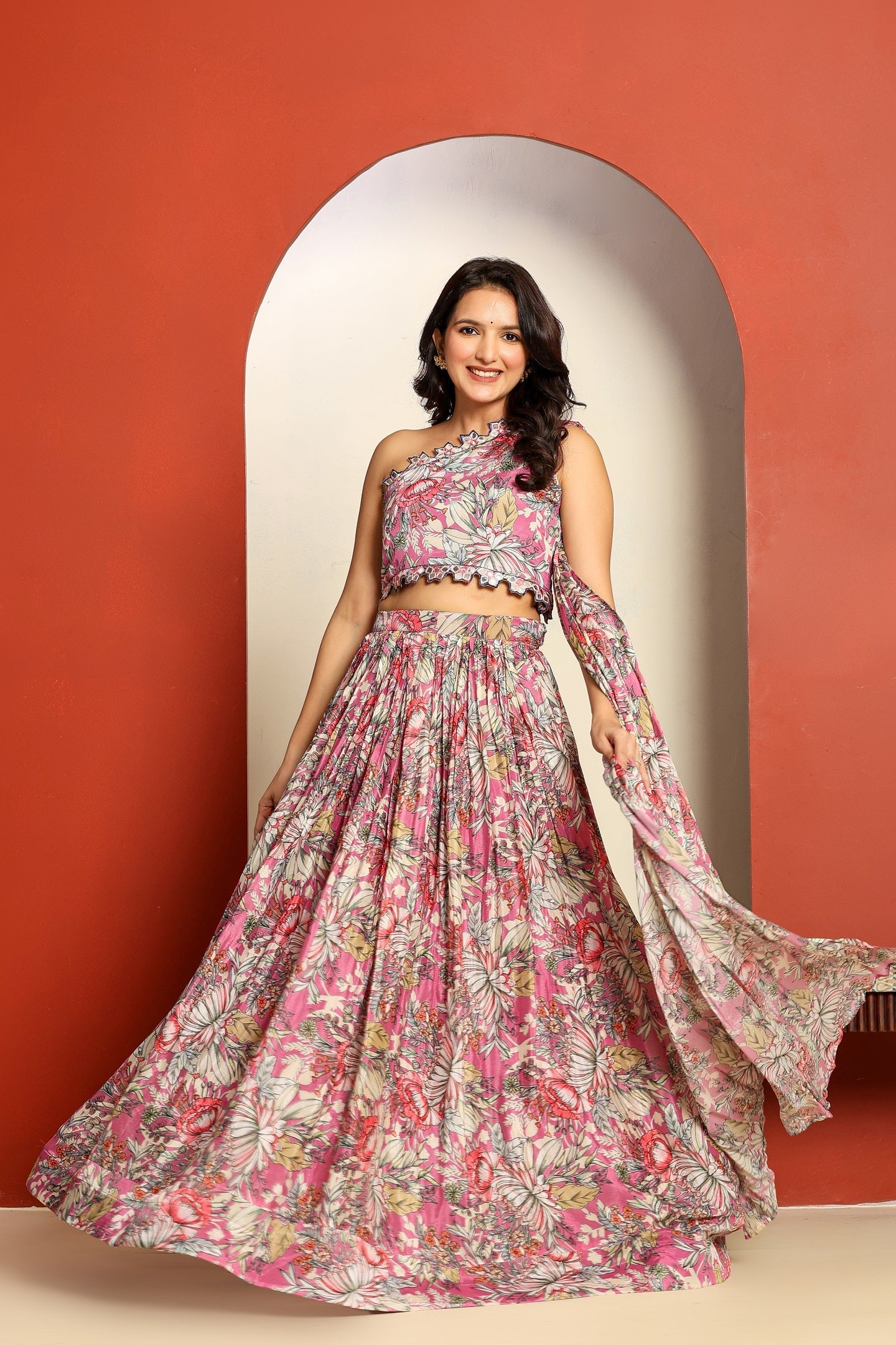 Ragavi Pink Floral One-Shoulder Lehenga Set with Attached Dupatta