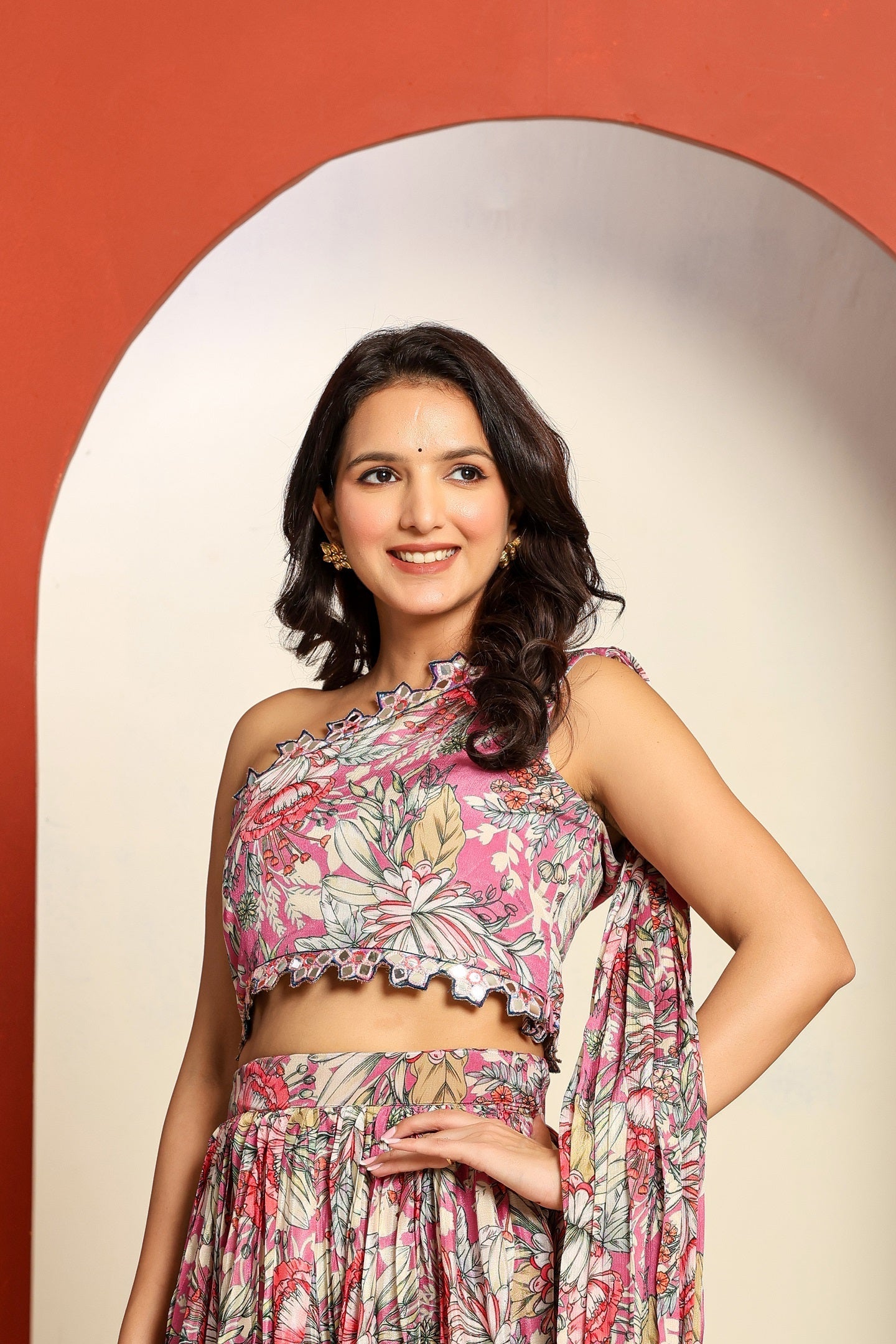 Ragavi Pink Floral One-Shoulder Lehenga Set with Attached Dupatta