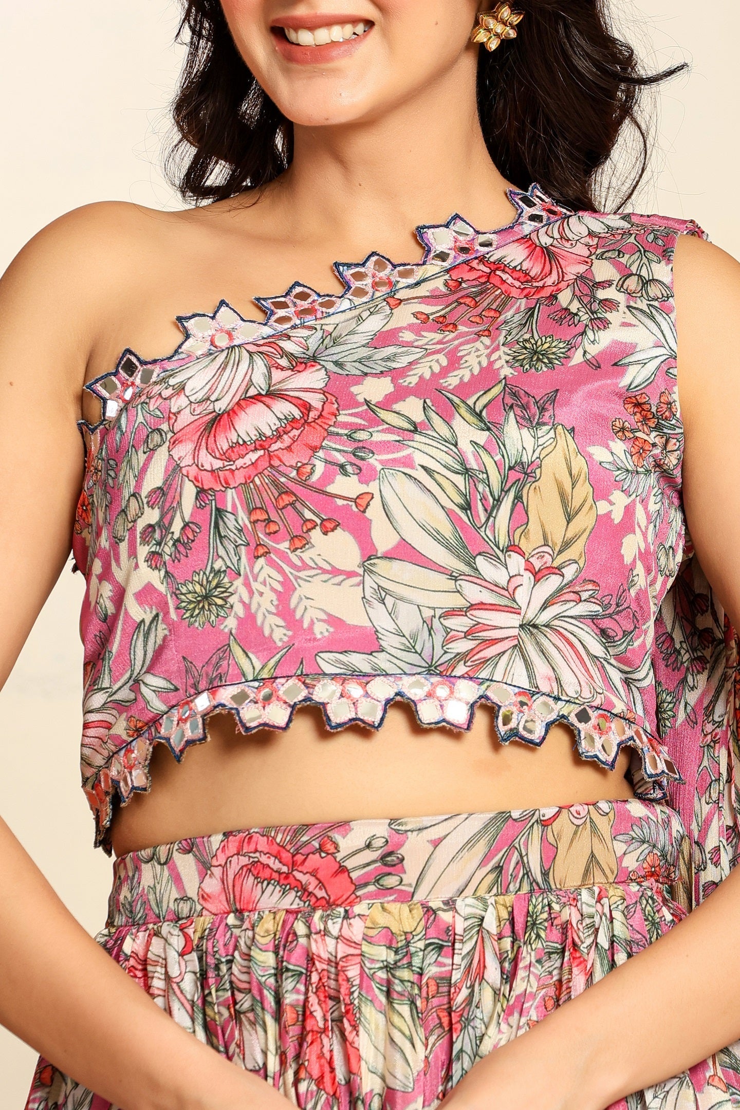 Ragavi Pink Floral One-Shoulder Lehenga Set with Attached Dupatta