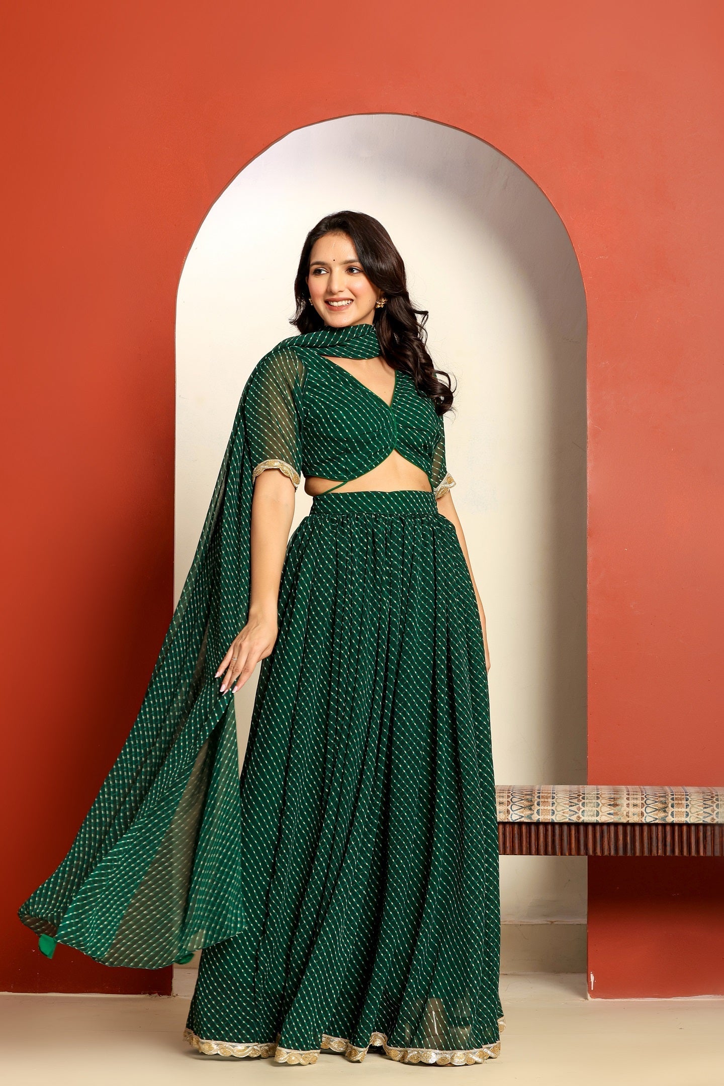 Ragavi Green Leheriya Lehenga Set