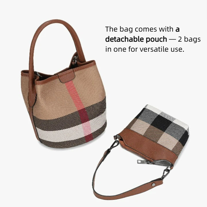 Women’s Regent Plaid Bucket Satchel — Heritage Check Full-Grain Leather Convertible with Detachable Pouch & Effortless Transition Carry