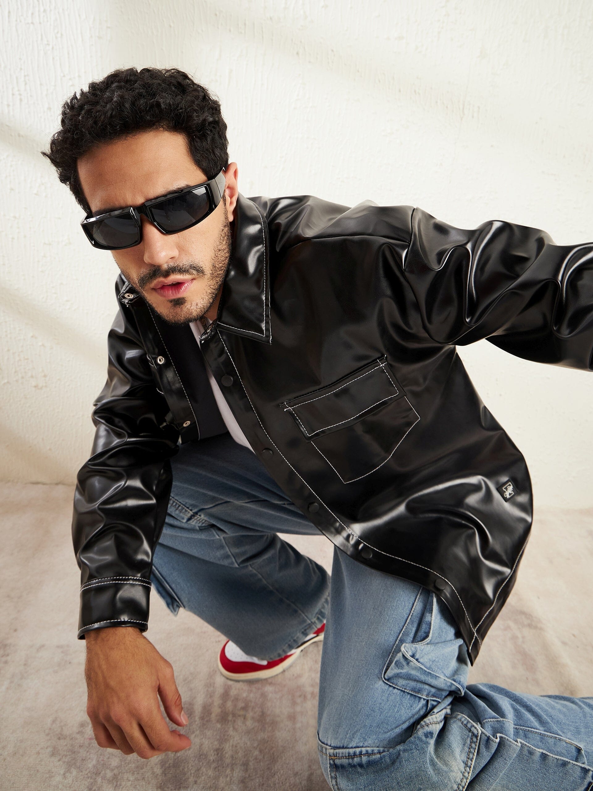 Black Contrast Stitch Pu OverShirt - qivii