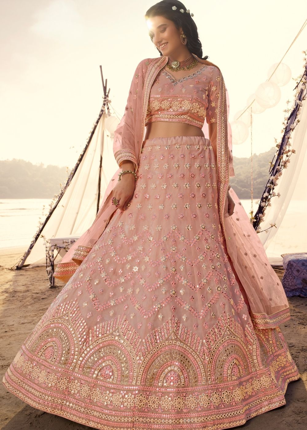 Salmon Pink Organza Lehenga Choli with Thread, Foli and Mirror work (Pre-Order) | Ready To Wear - qivii
