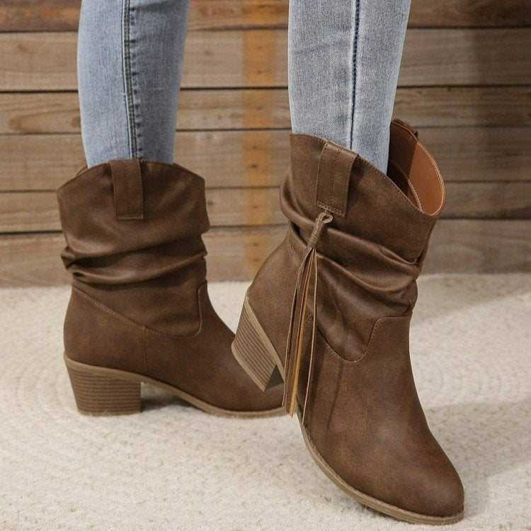 Women's Western Tassel Boots - Braided Buckle Cowboy Ankle Boots with Block Heel & Pointed Toe (US 5-10)