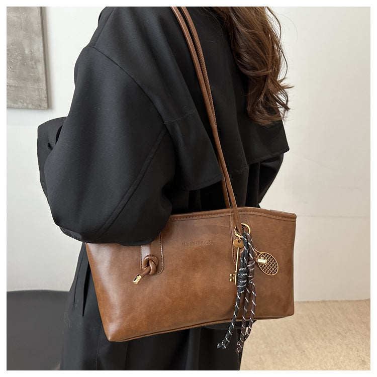 Women's Vintage-Chic Oversized Tote - Commuter-Ready Shoulder Bag w/ Detachable Accent Charms, Grain-Textured Vegan Leather