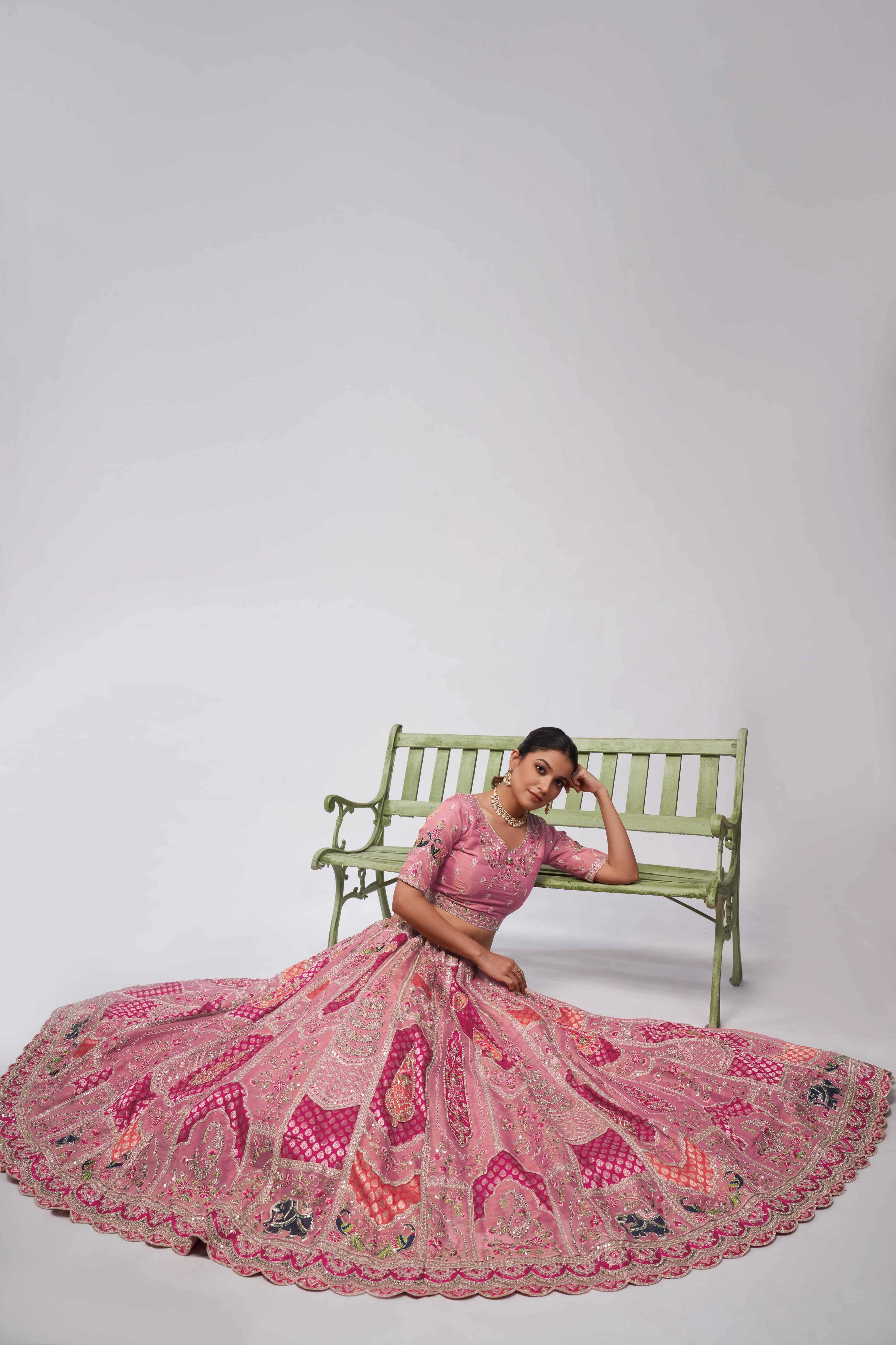 Pretty Pink paisley Motifs traditional embroidered wedding Lehenga - qivii