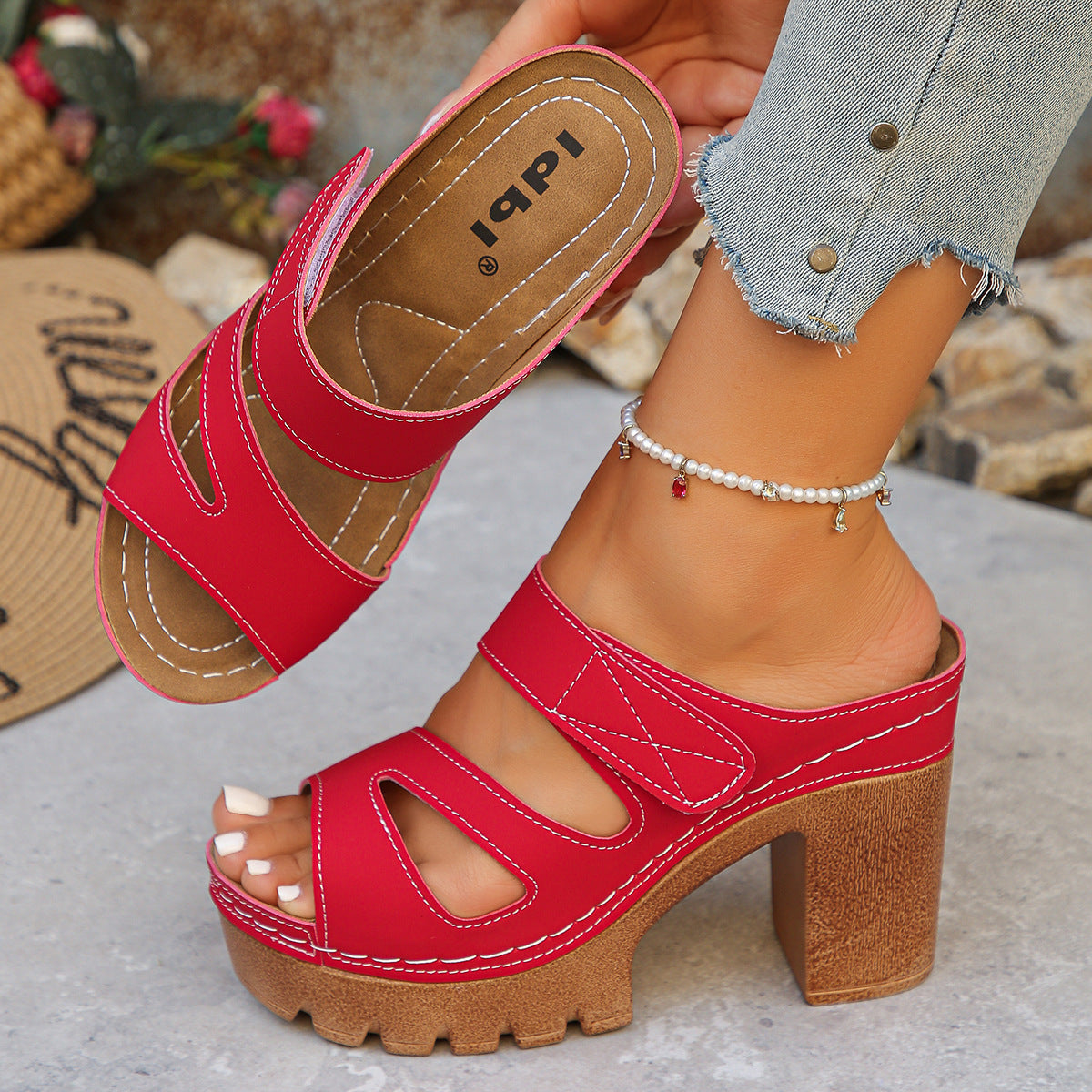 Women’s Alviera Cutout Block Heel Slide Sandals – Peep Toe Velcro Comfort Mules (US 4–10.5)