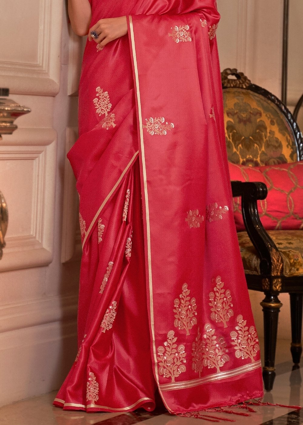 Radical Red Designer Satin Silk Saree - qivii