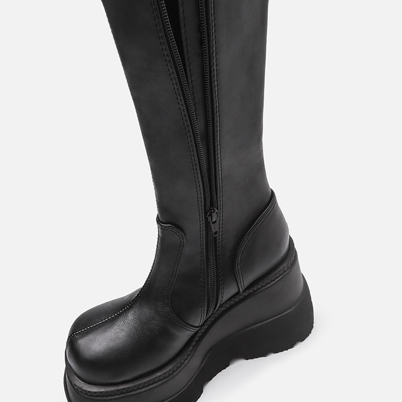 Women's GothRider Platform Mid-Calf Boots – Chunky Wedge Biker Boots (US 4–10.5)