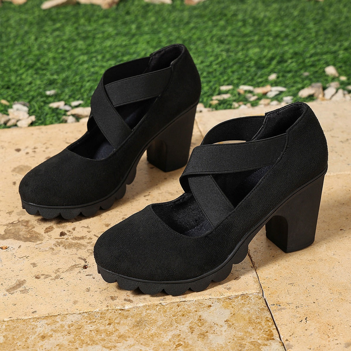 Women's Ainsley Mary Jane shoes by Bootara with round toe, cross-strap design, chunky lug sole, and block heels in US sizes 4-10.5.