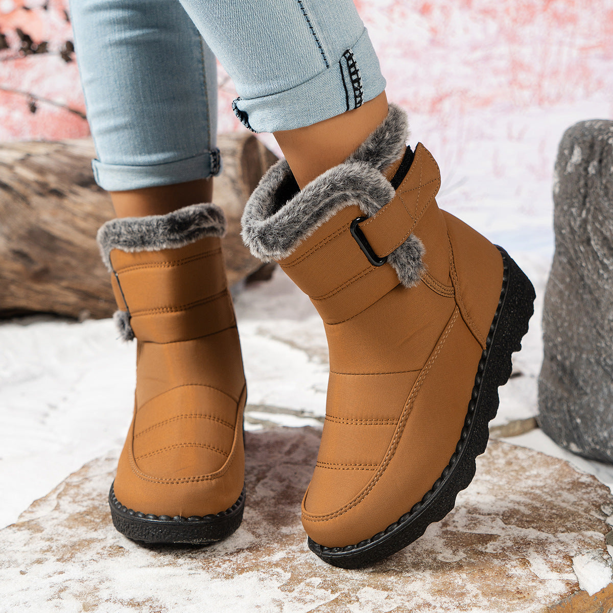 Women's Mira Waterproof Snow Boots - Plush Faux Fur Cuff with Easy Hook-and-Loop Strap & Lug Sole (US 5-11.5)