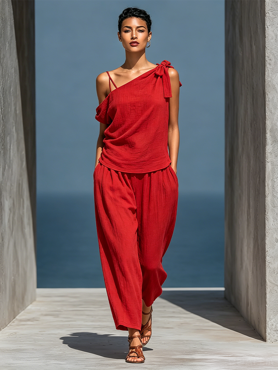 Women’s RedTwo-Piece Set: Asymmetrical One-Shoulder Top (Without Neck Scarf) & Wide-Leg Pants With Pockets MDZ2201D4T