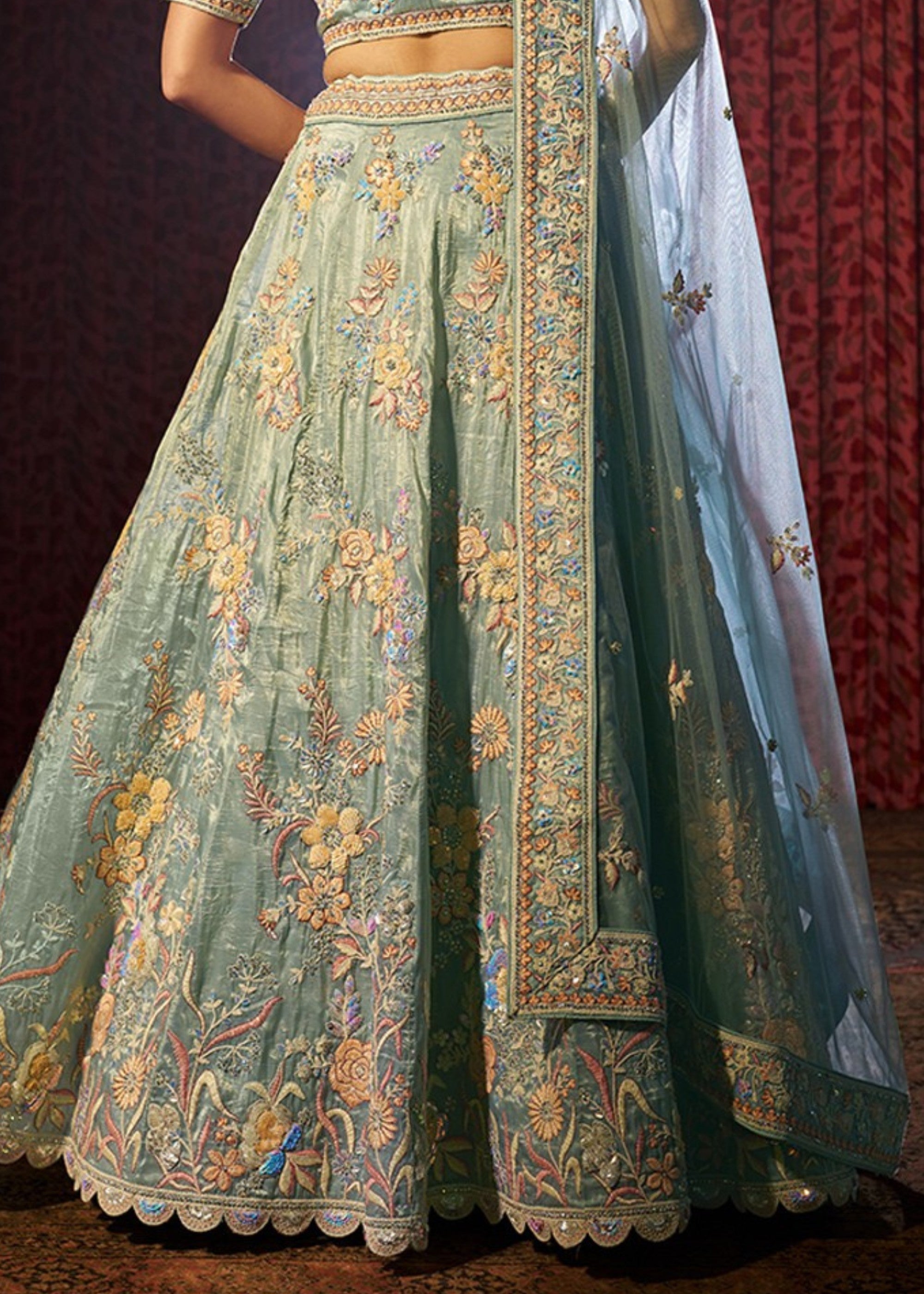Torquise Dori Sequins Thread work Organza Lehenga | Ready To Wear - qivii