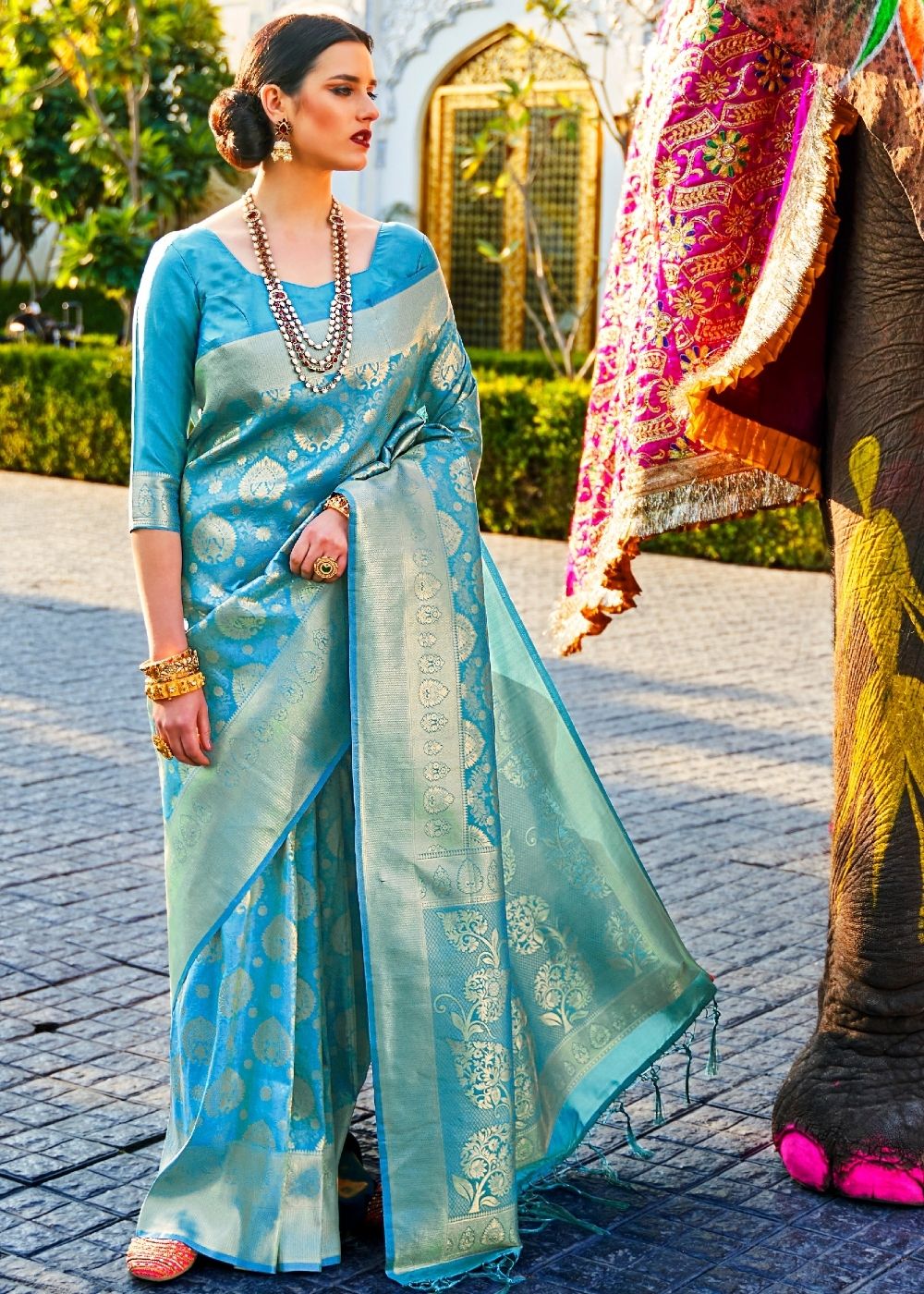 Sky Blue Handloom Weave Kanjivaram Silk Saree - qivii