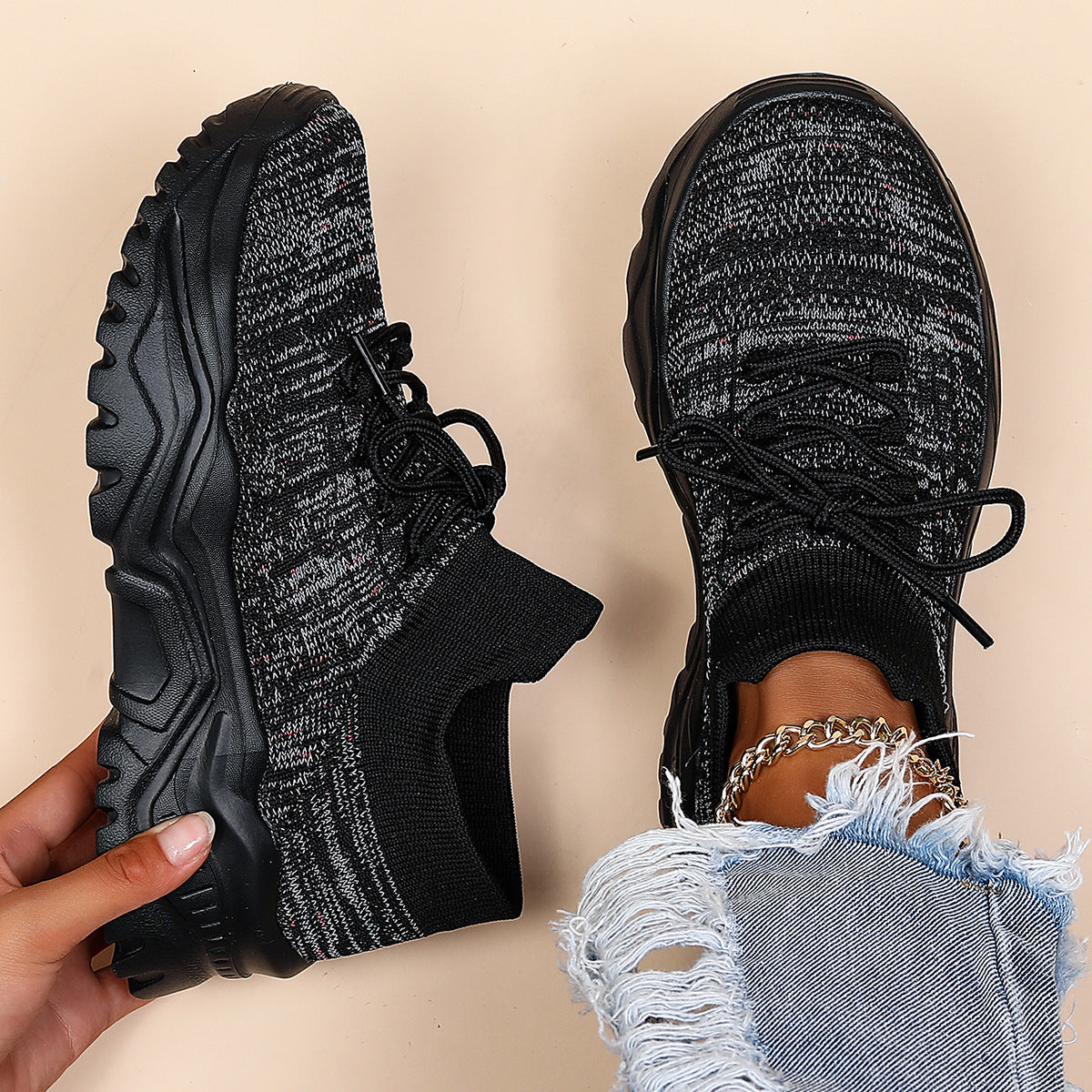 Women's Nyvelle Knit Sock Sneakers - Breathable Lace-Up Mesh Shoes with Chunky Ridged Sole (US 4-11)