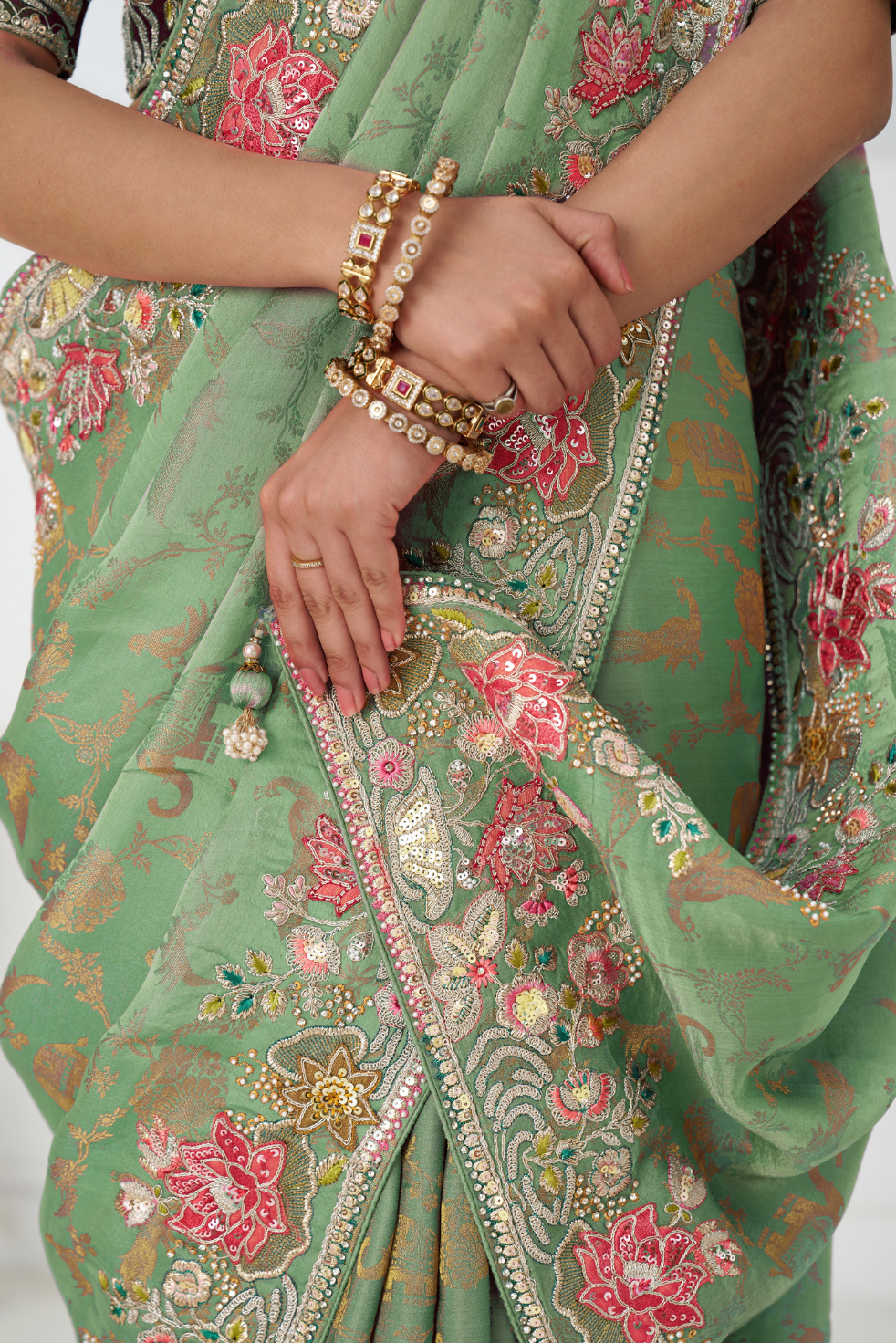 Grace in Green: Multi-Thread Embroidered Saree with Floral Elegance - qivii