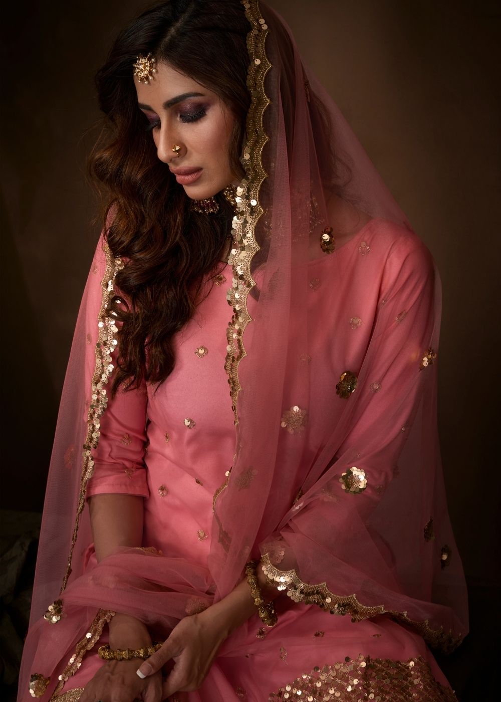 Coral Pink Designer Soft Net Sharara Suit with Sequin, Thread and Dori work - qivii