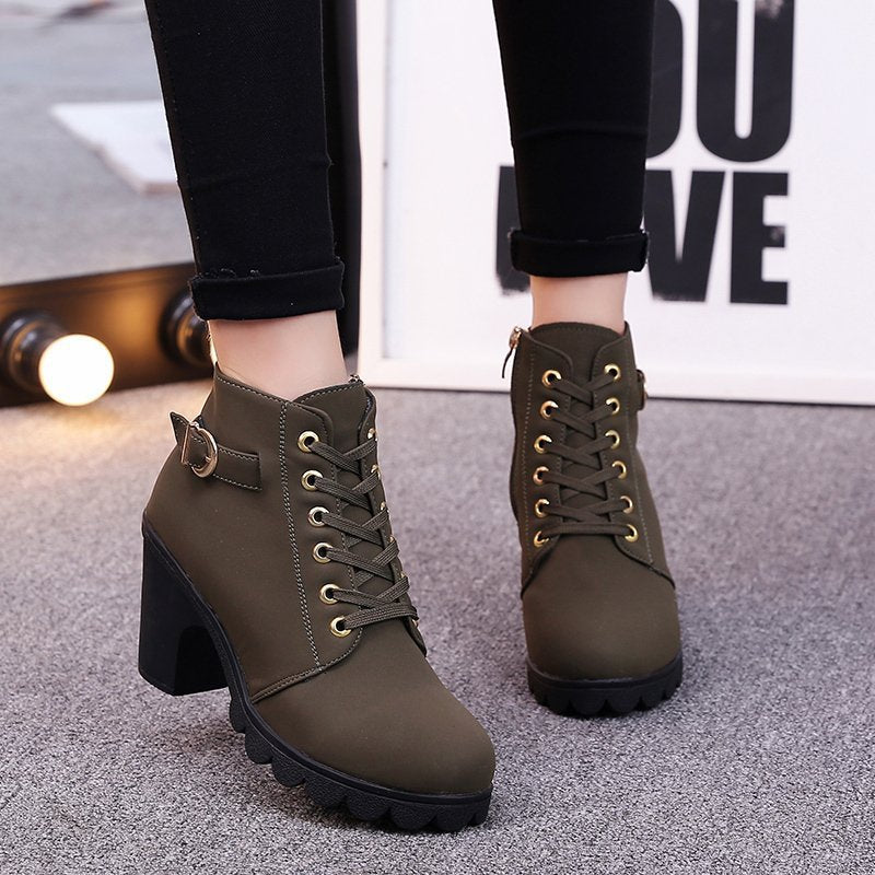 Women's Buckle Decorated Chunky Heel Ankle Boots - Side Zipper & Lace-Up Round Toe Mid-Calf Equestrian Boots (US 4-10)