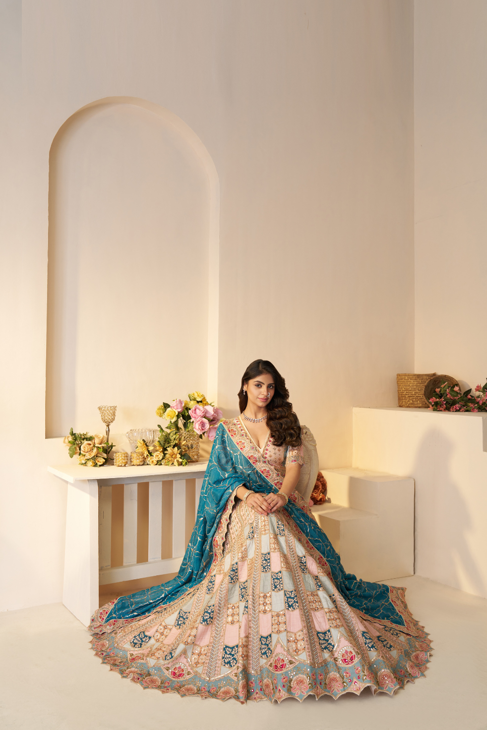 Powder Blue Jaal Print Lehenga with Sequin & Aari Work - qivii