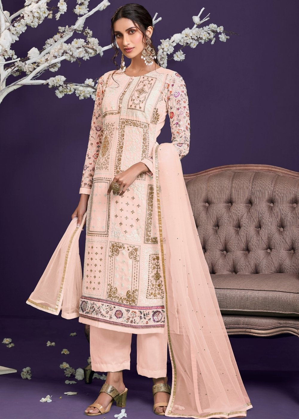Lemonade Pink Georgette Salwar Suit with Thread, Zari & Sequence work - qivii