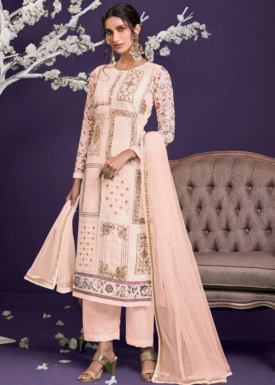 Lemonade Pink Georgette Salwar Suit with Thread, Zari & Sequence work By Qivii