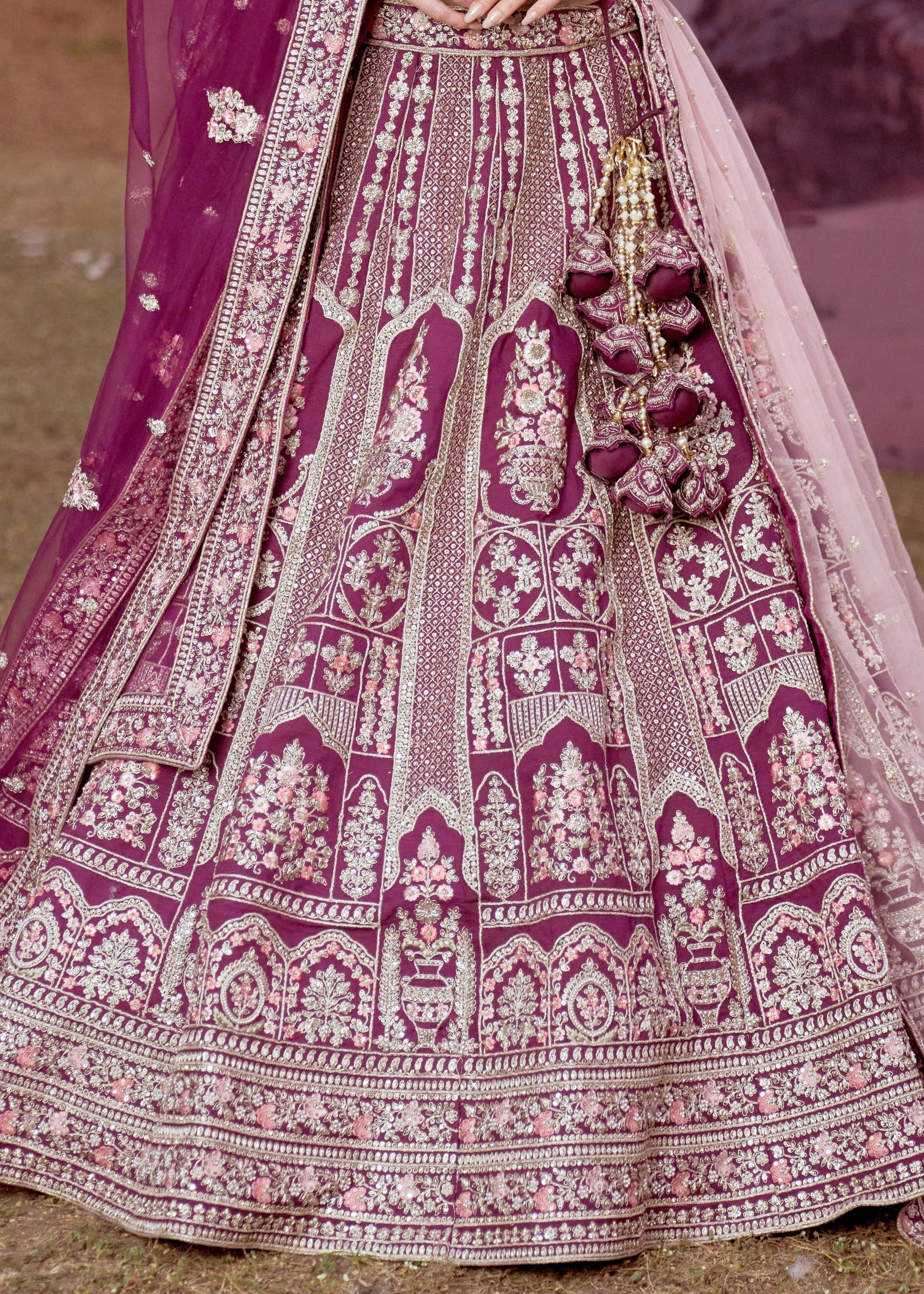 Purple Pure silk Moti, Sequins embroidery Bridal Lehenga | Ready To Wear - qivii