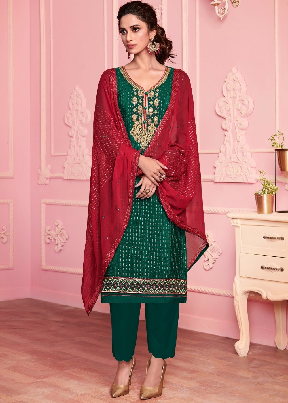 Jungle Green Georgette Salwar Suit with Thread & Zari Embroidery work - qivii