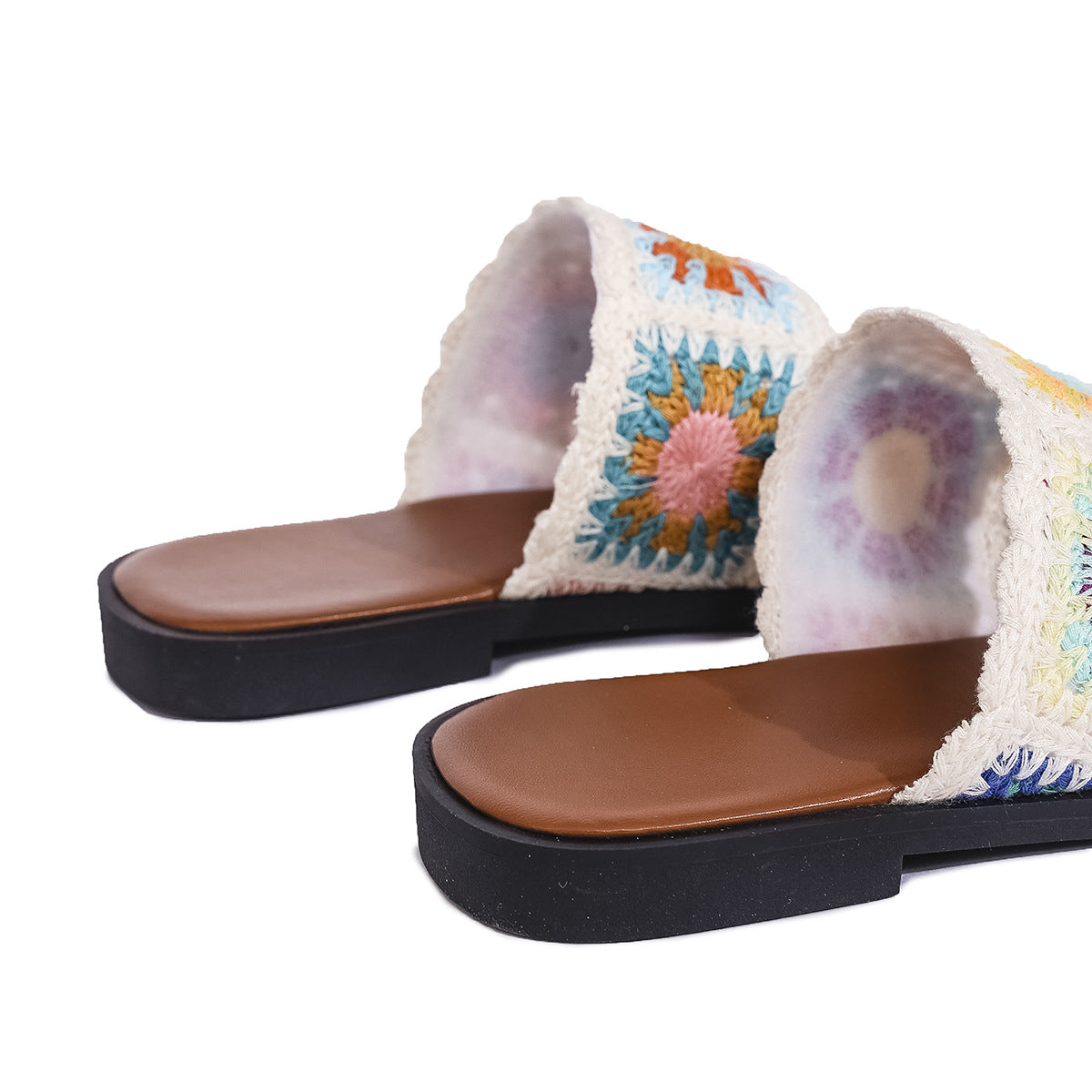 Women’s SunBloom Knit Flat Slides – Square-Toe Boho Embroidered Sandals (US 5–10)