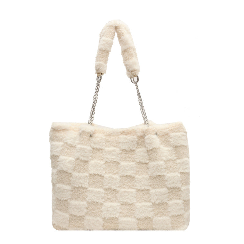 Women's Large-Capacity Plush Handbag | Trendy Quilted Chain Shoulder Bag with Patchwork Design