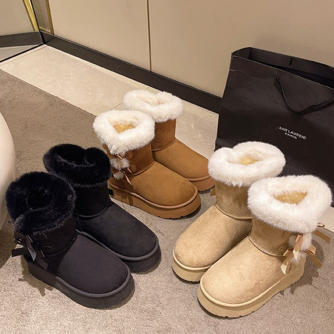 Women's Bow-Knit Cozy Winter Boots - Shearling Lined Chunky Platform Snow Boots (US 5-9.5)