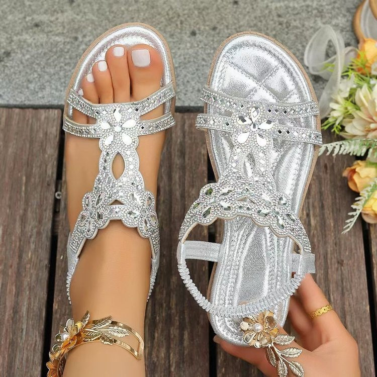 Women's Vesper Woven Bohemian Rhinestone Flat Sandals - Artisan Round-Toe Summer Sandals (US 4-10.5)