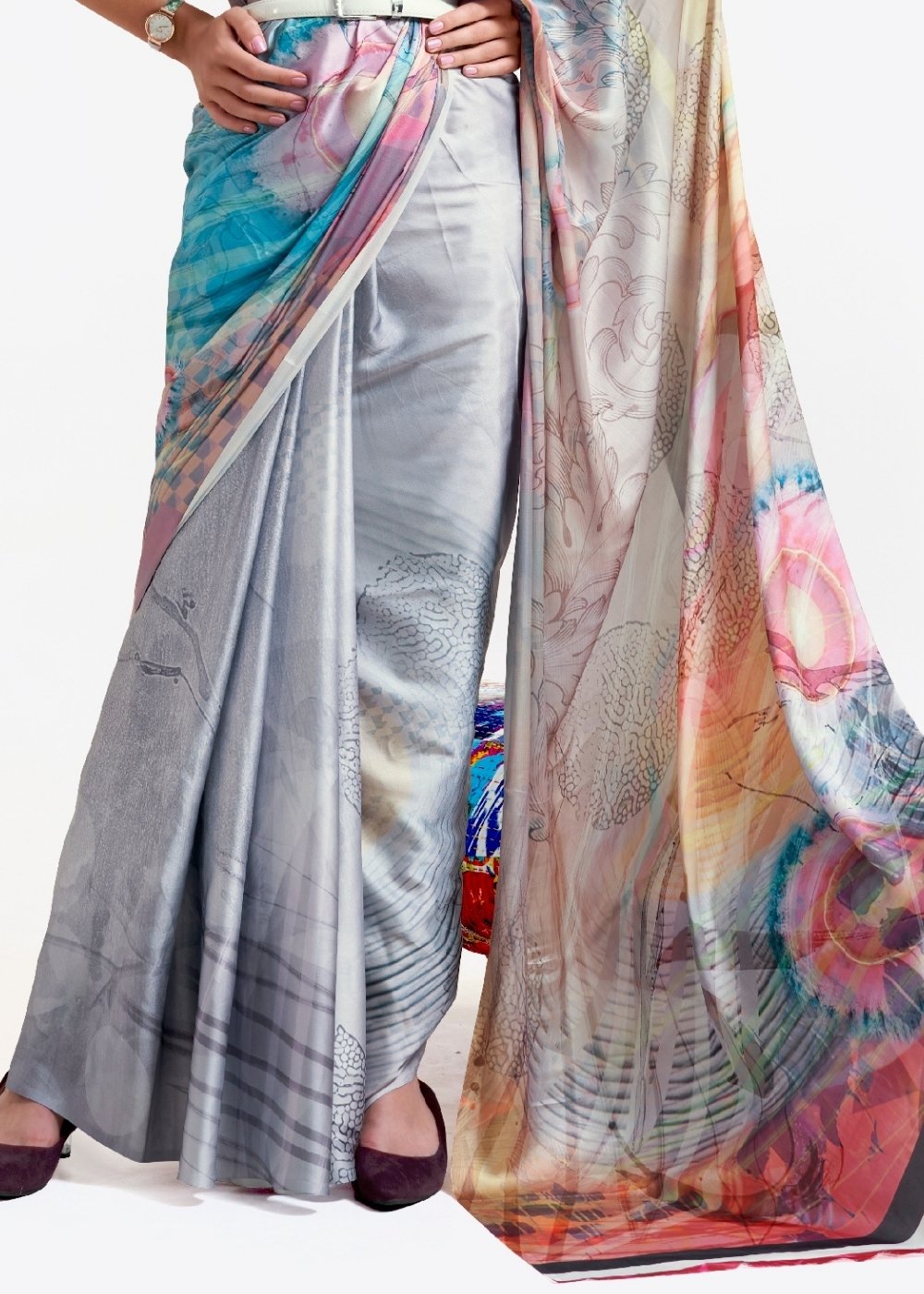 Silver Grey Digital Printed Satin Crepe Saree - qivii