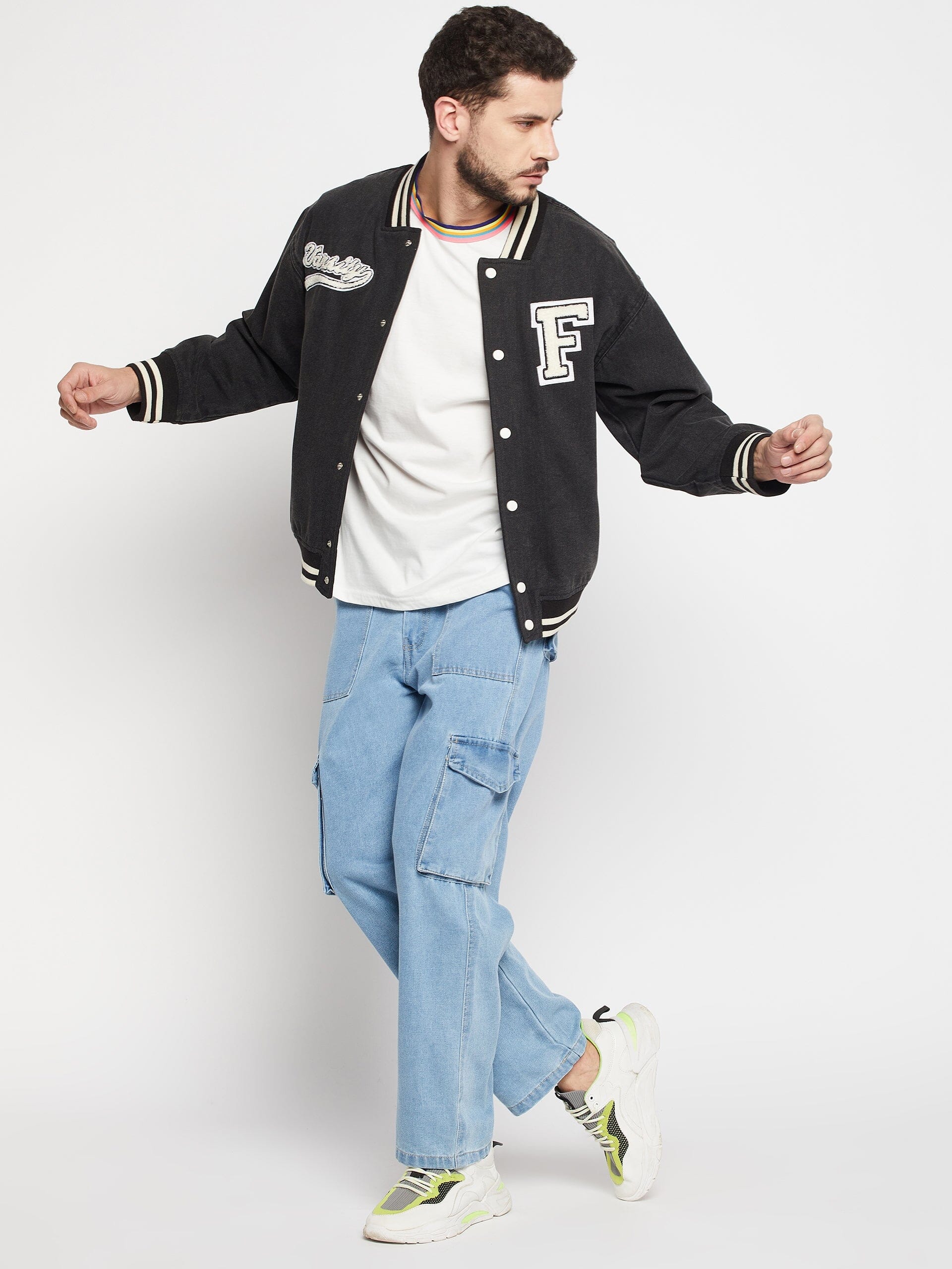 Grey Denim Varsity Jacket