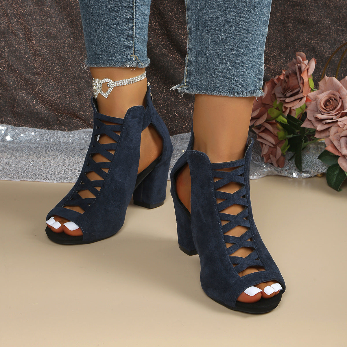 Women's Odette Suede Peep-Toe Cutout Bootie Sandals – Buckle Strap Chunky Heel Sophisticated Boot Sandals (US 3.5–11.5)