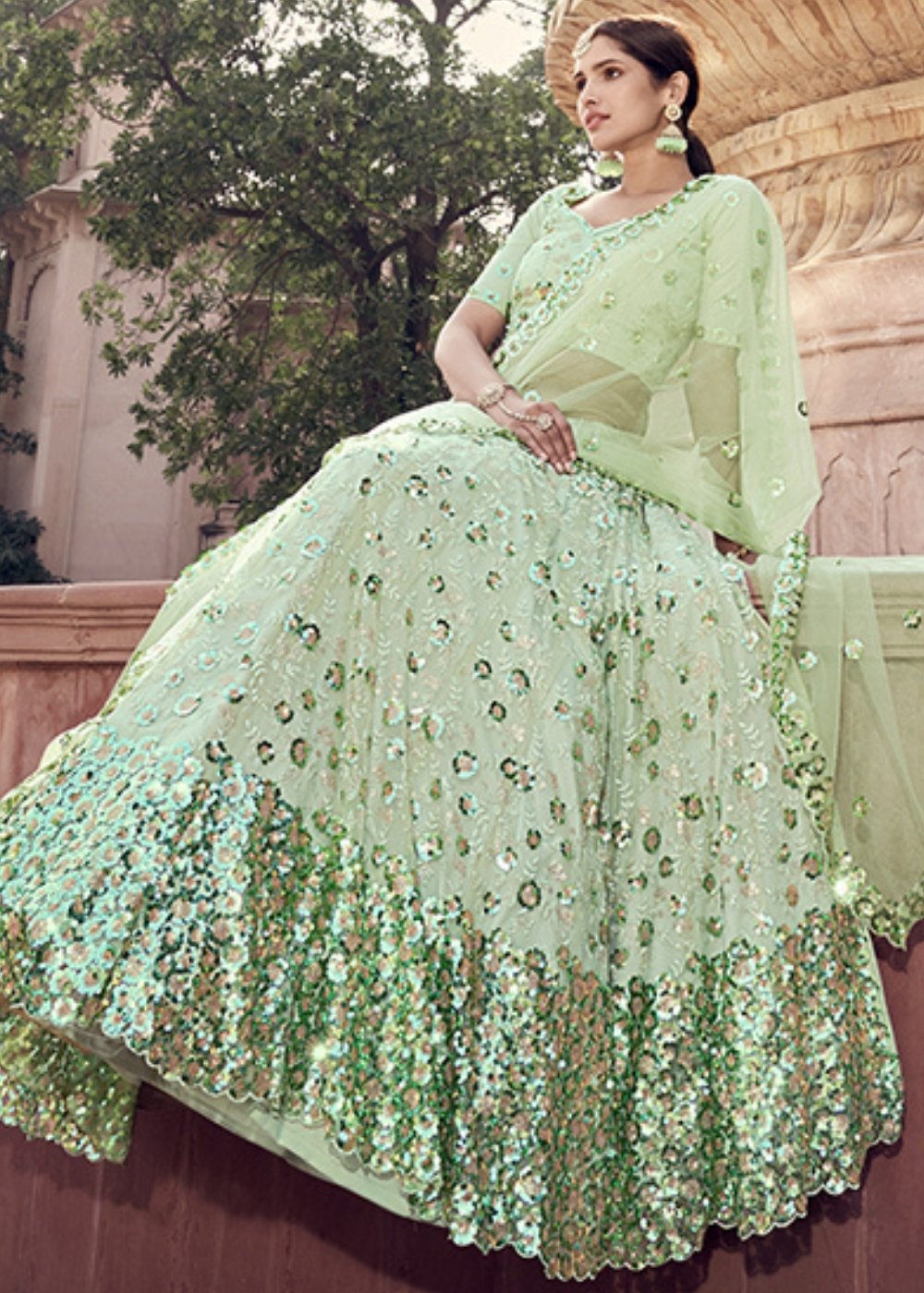 Mint Green Designer Soft Net Lehenga Choli with Sequins & Thread work | Ready To Wear - qivii