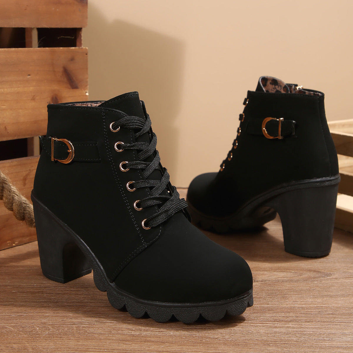 Women's Buckle Decorated Chunky Heel Ankle Boots - Side Zipper & Lace-Up Round Toe Mid-Calf Equestrian Boots (US 4-10)