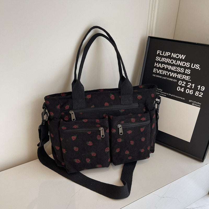 Women's Corduroy Cherry Print Tote Bag – Versatile Women's Strawberry Shoulder & Crossbody Large Capacity Mommy Bag