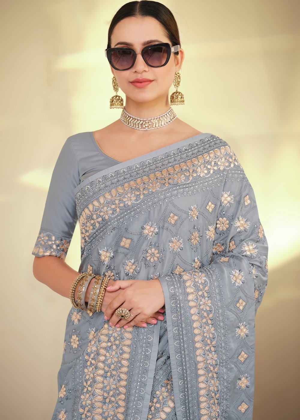 Flint Grey Designer Satin Georgette Saree with Gota & Resham work - qivii