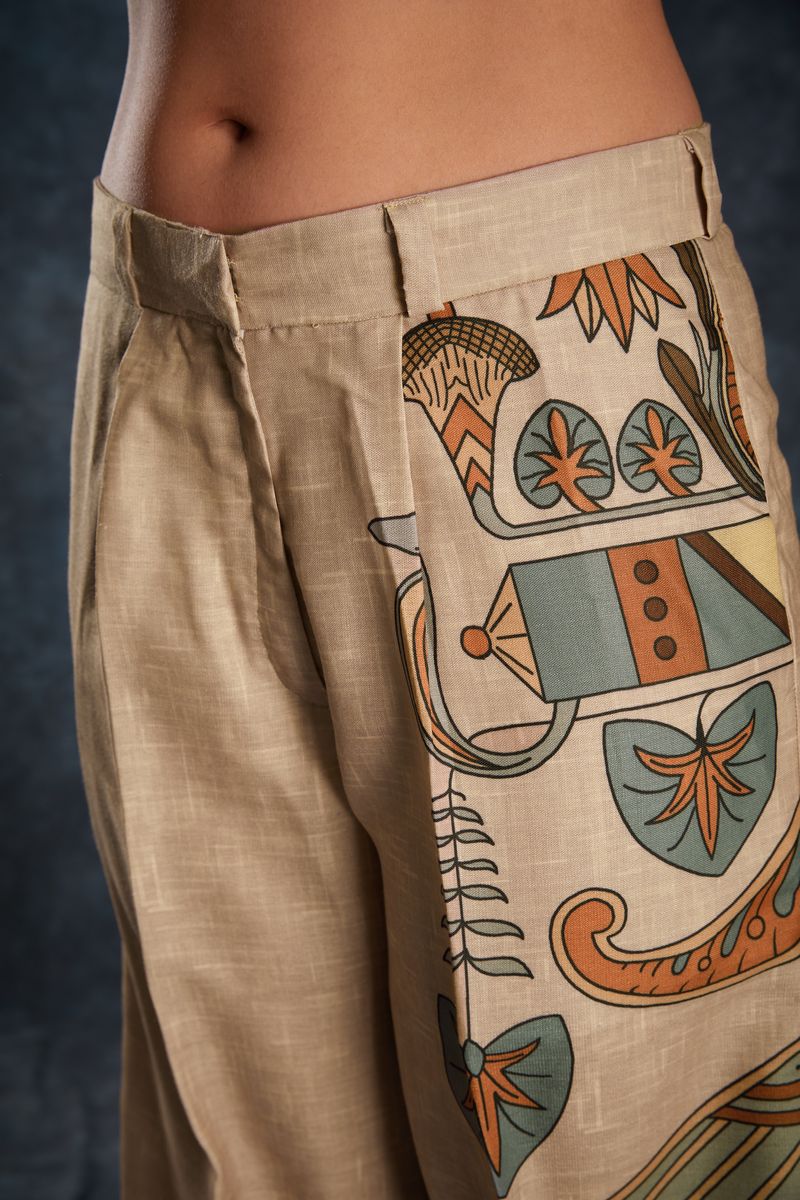 BROWN LINEN PRINTED TOP,PANT CO-ORD SET - qivii