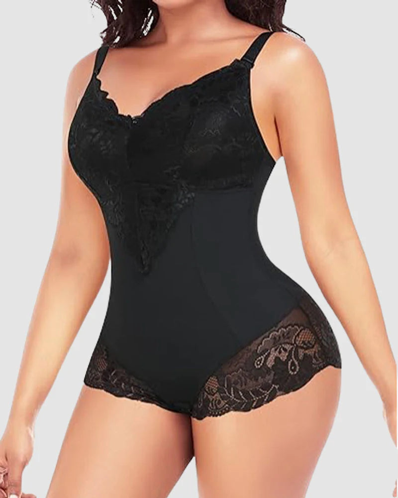 Lace V neck Tummy Control Sculpting Full Body Shapewear Bodysuit - By Qivii