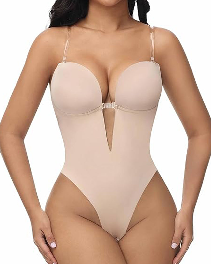 Plunge Backless Bodysuit Seamless Built In Bra Thong Shapewear - By Qivii