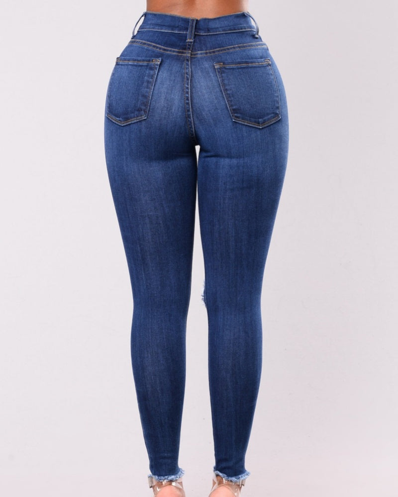 High Waisted Skinny Stretchy Soft Slim Fit Retro Distressed Jeans - By Qivii
