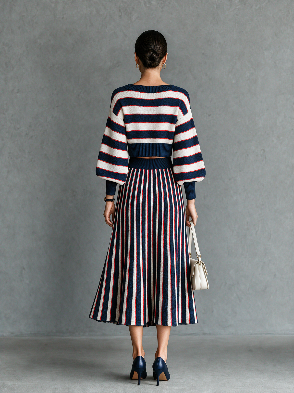 Women's Vintage Striped Boat-Neck Sweater And Skirt Set