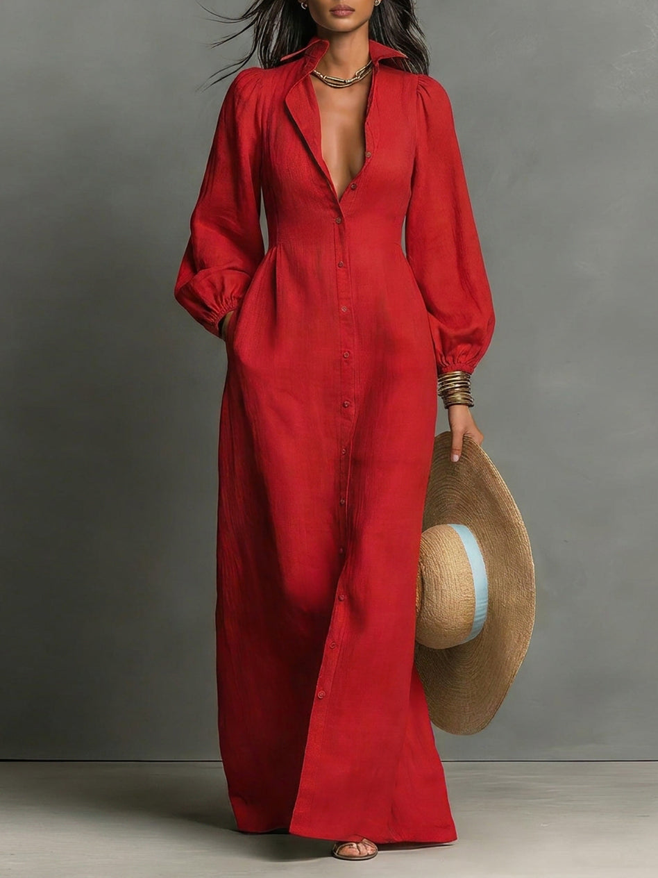 Women's Minimalist Single-breasted Long-sleeve Maxi Dress With A Fitted Waist MDZ0482H3WY