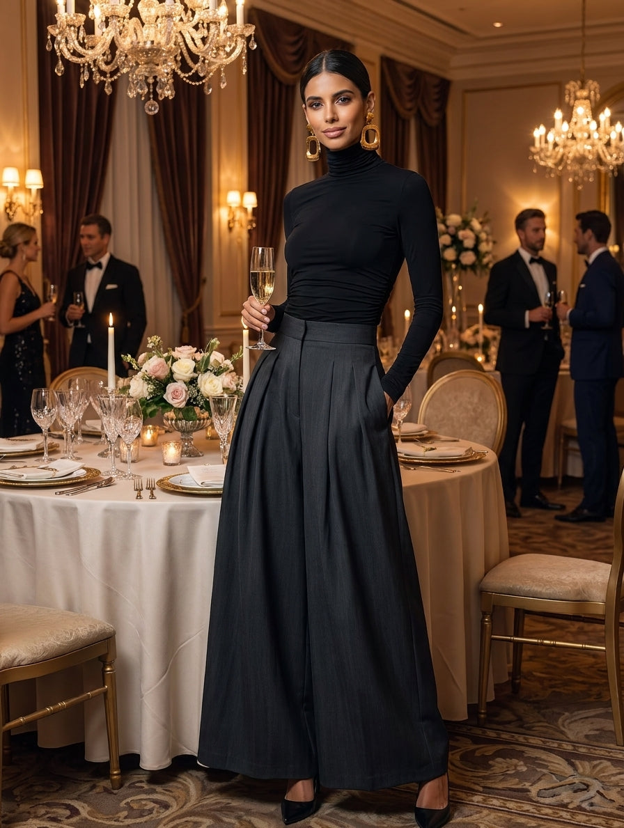 Women's Casual 2-Piece Set Black Stretch-knit Long-sleeve Top And Dark Gray Woven Wide-leg Trousers MDZ2470G8LXY