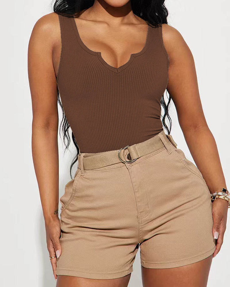 Solid Notched Neck Ribbed Sleeveless One Piece Bodysuit Shapewear - By Qivii