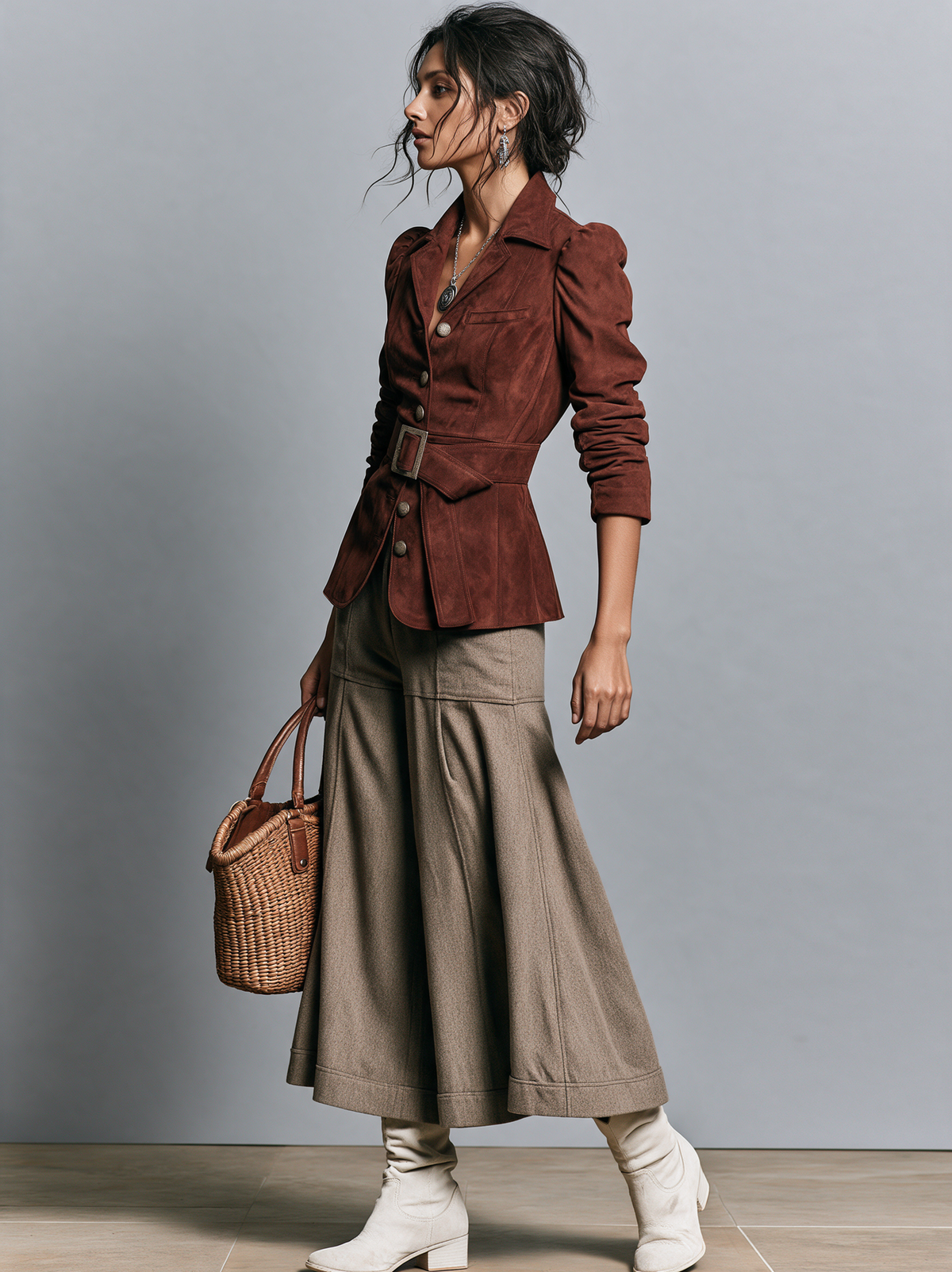 Women's Vintage Single-Breasted Belted Suede Blazer