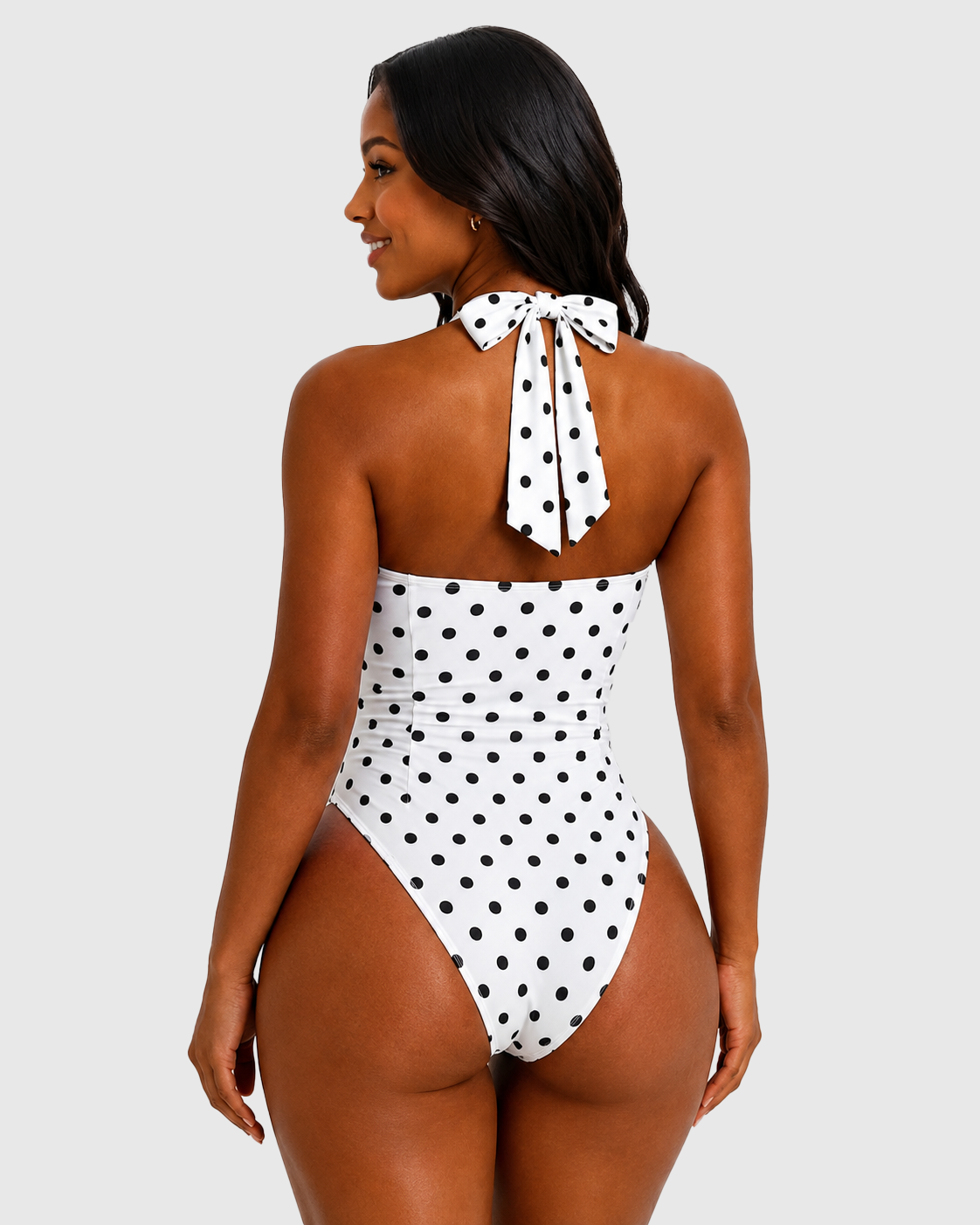 Polka Dot Halter Sweetheart Neck Ruched Back Bow Tie High Leg One-piece Swimsuit - By Qivii