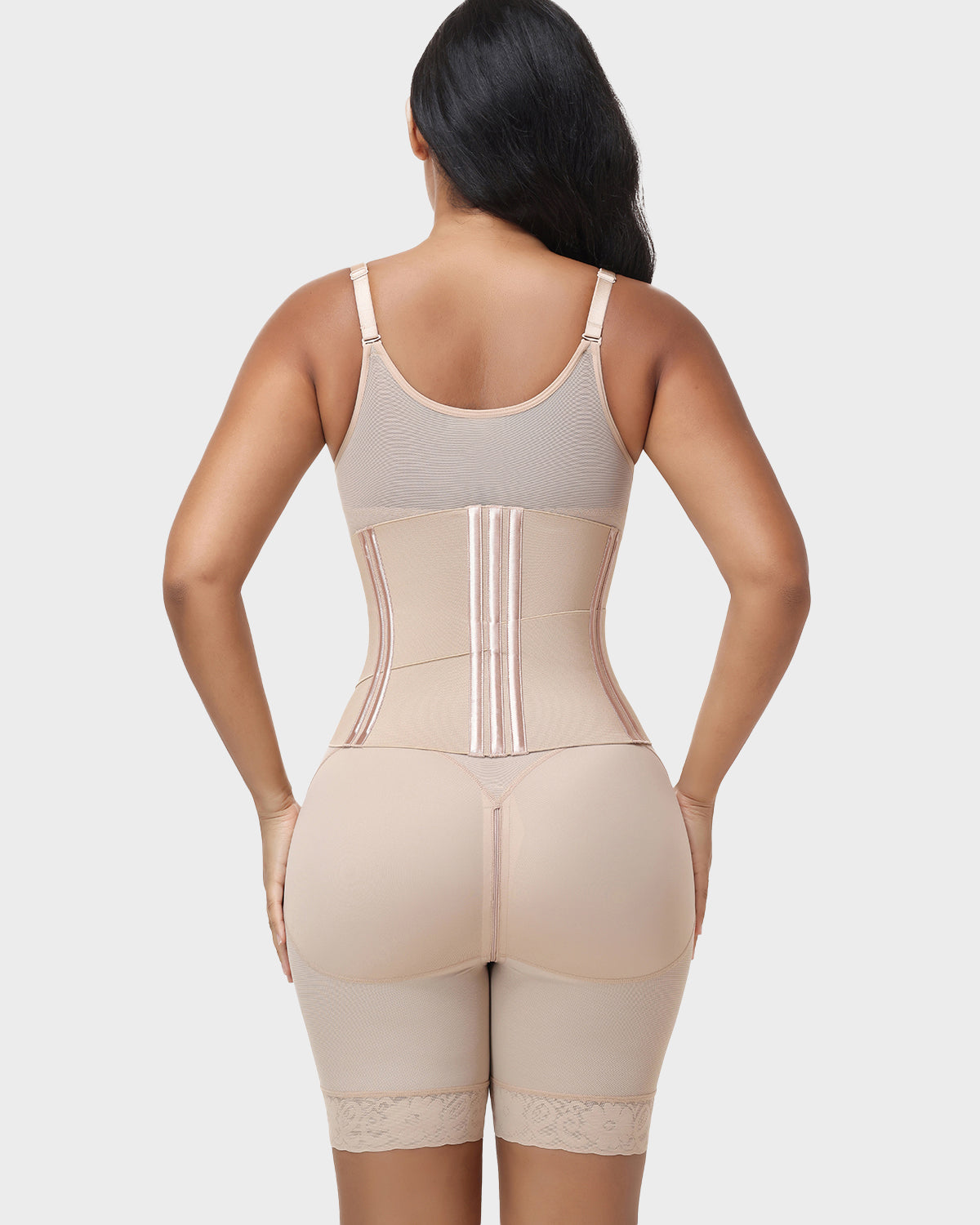 V Neck Zipper Mid Thigh Shapewear with Detachable Waist Trainer 2 Piece Set